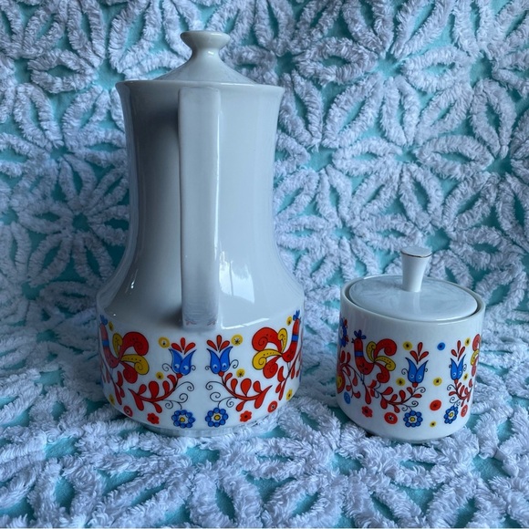 Vintage Teapot & Sugar bowl set Danish folk art partridge bird design MCM - Picture 3 of 8